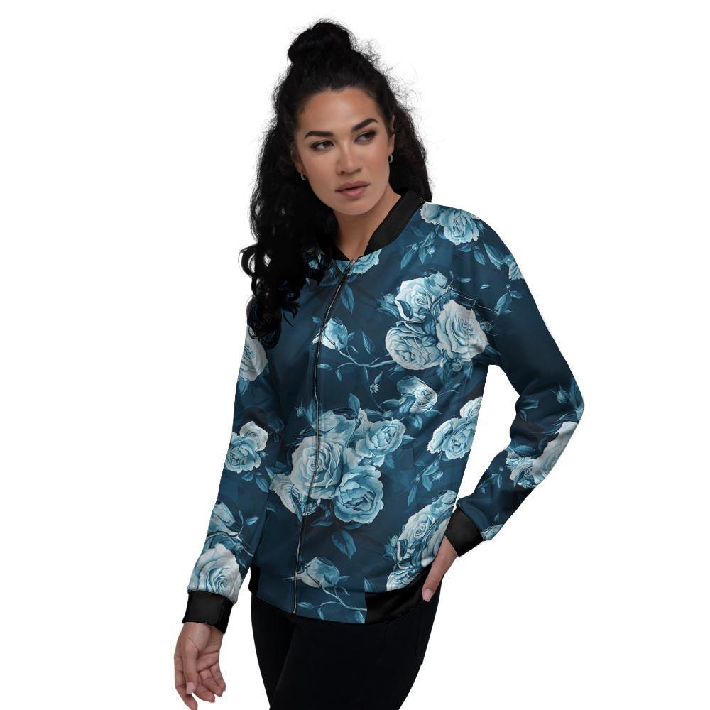 Blue Rose Floral Print Women's Bomber Jacket-grizzshop
