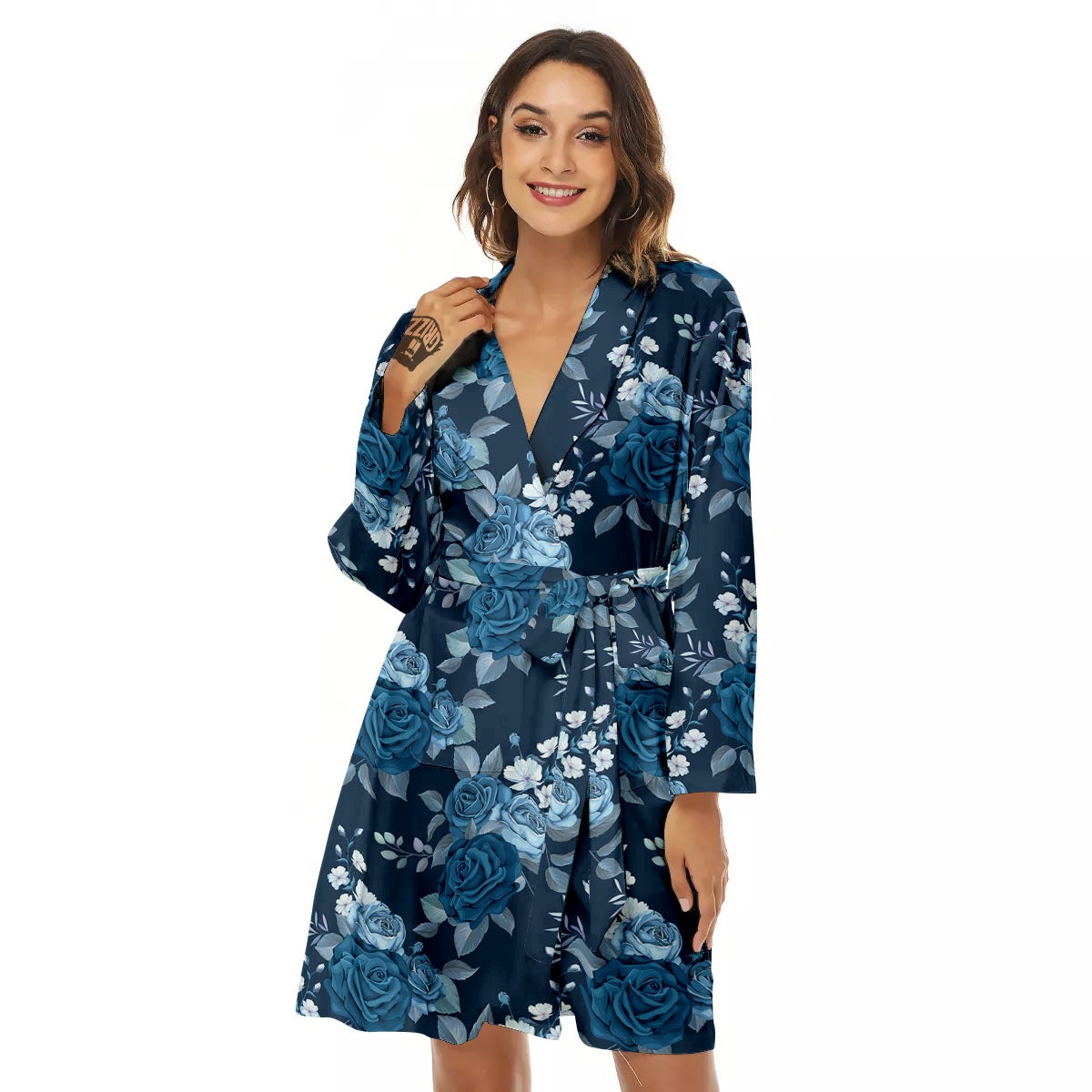 Blue Rose Royal Print Pattern Women's Robe-grizzshop
