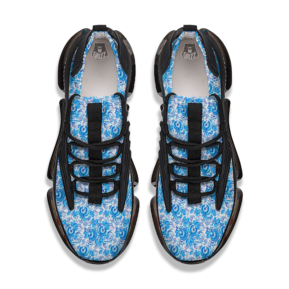 Blue Russian Floral Gzhel Print Pattern Black Gym Shoes-grizzshop