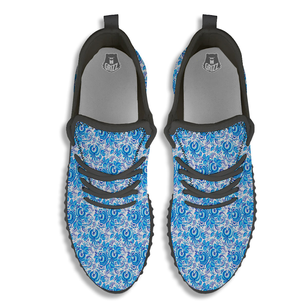 Blue Russian Floral Gzhel Print Pattern Black Walking Shoes-grizzshop