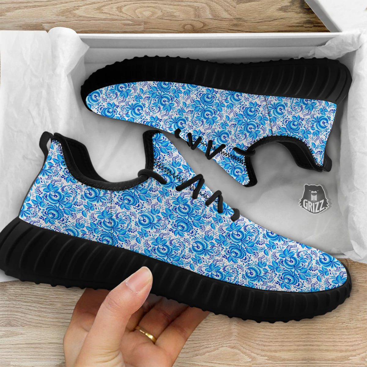 Blue Russian Floral Gzhel Print Pattern Black Walking Shoes-grizzshop