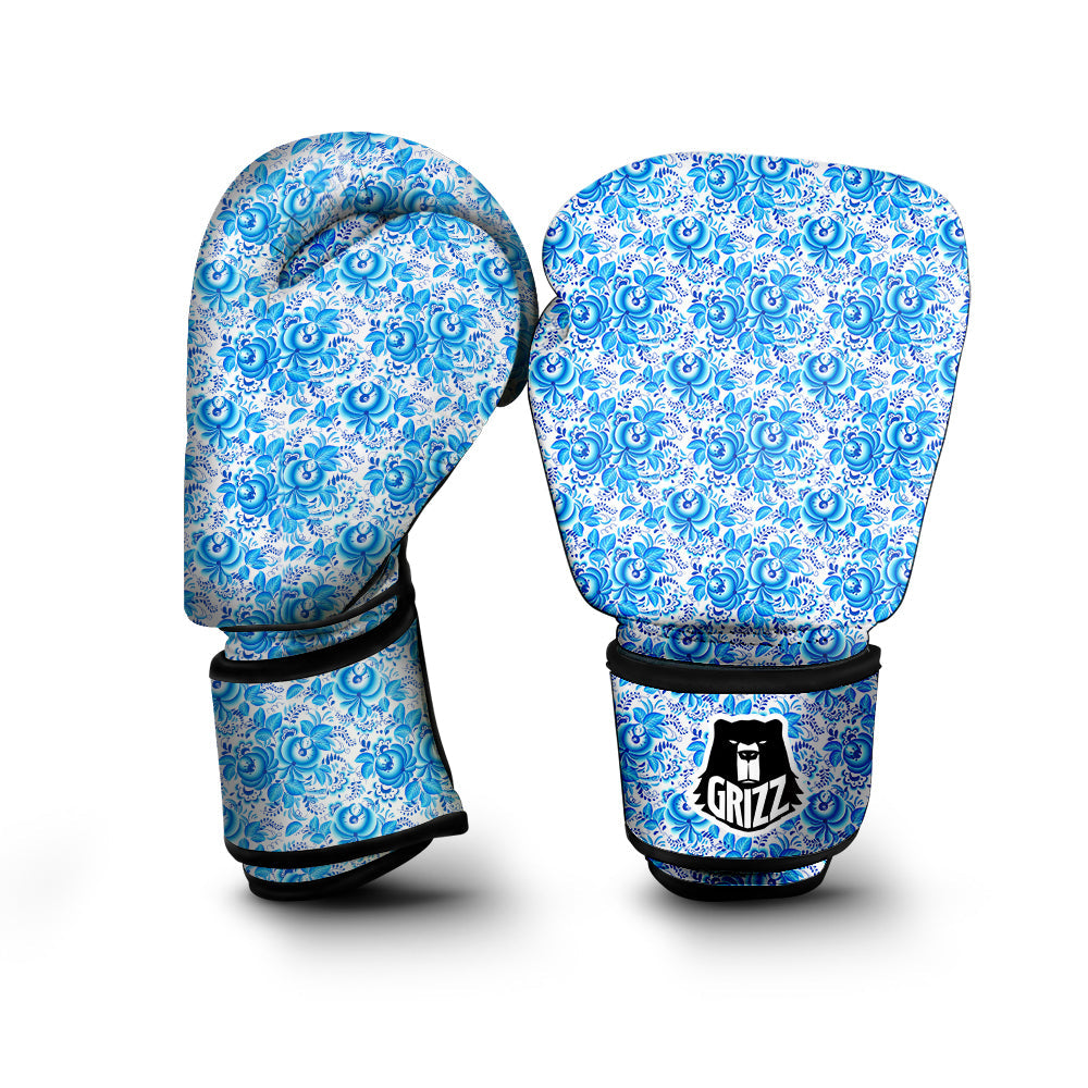 Blue Russian Floral Gzhel Print Pattern Boxing Gloves-grizzshop
