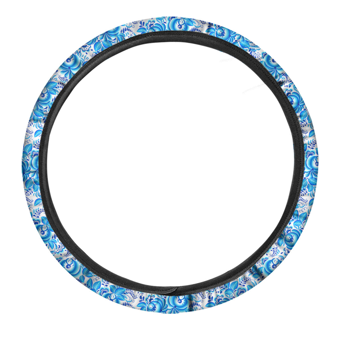 Blue Russian Floral Gzhel Print Pattern Car Steering Wheel Cover-grizzshop