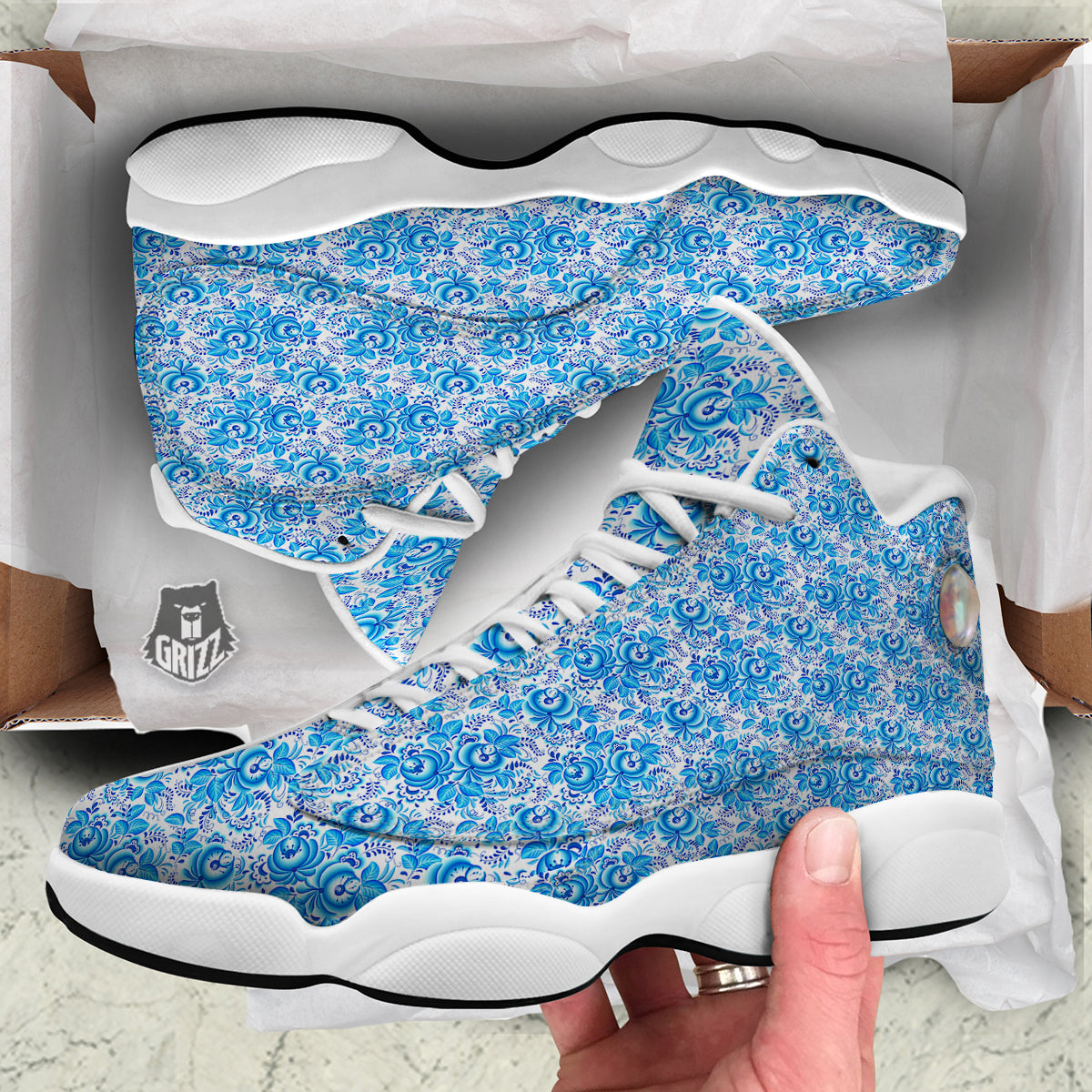 Blue Russian Floral Gzhel Print Pattern White Basketball Shoes-grizzshop