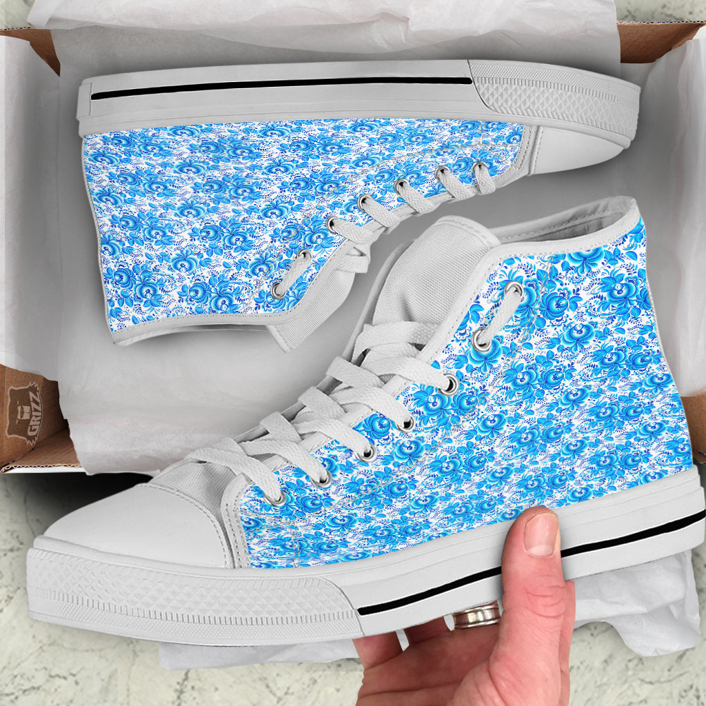 Blue Russian Floral Gzhel Print Pattern White High Top Shoes-grizzshop