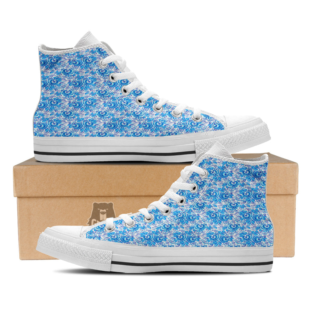 Blue Russian Floral Gzhel Print Pattern White High Top Shoes-grizzshop