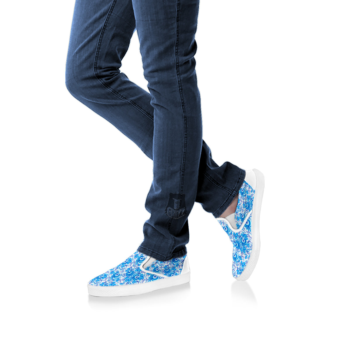 Blue Russian Floral Gzhel Print Pattern White Slip On Shoes-grizzshop