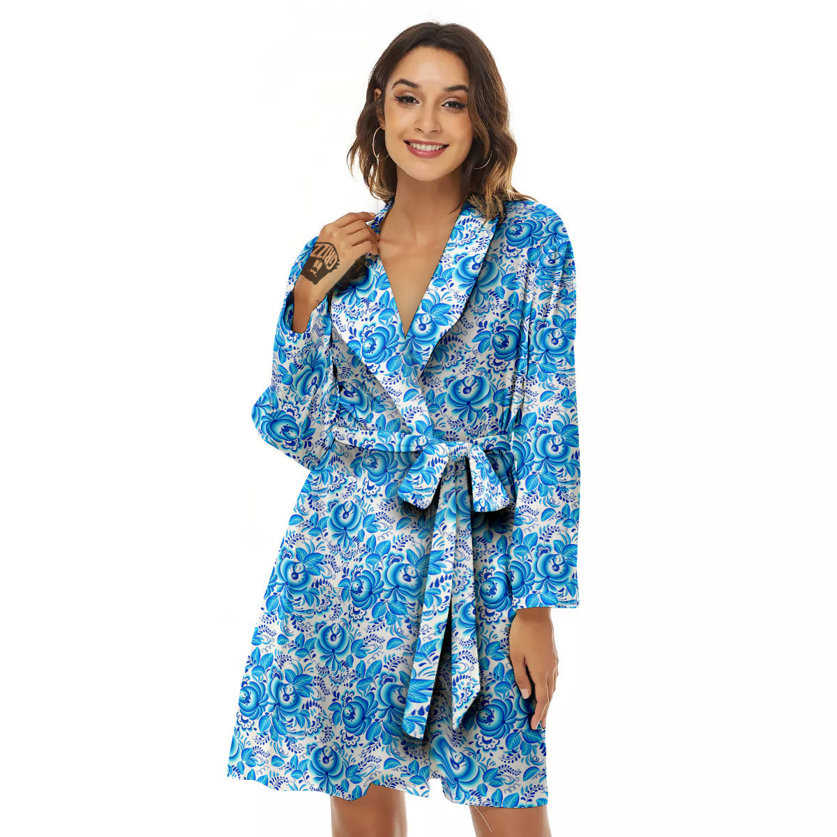 Blue Russian Floral Gzhel Print Pattern Women's Robe-grizzshop