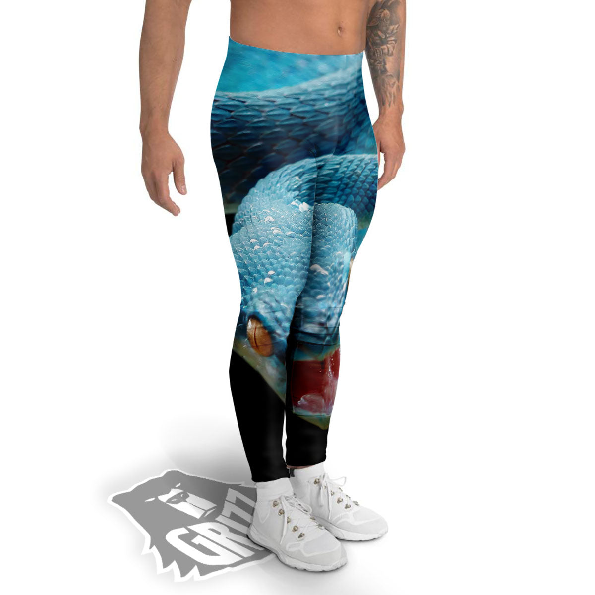 Blue Scary Viper Snake Print Men's Leggings-grizzshop