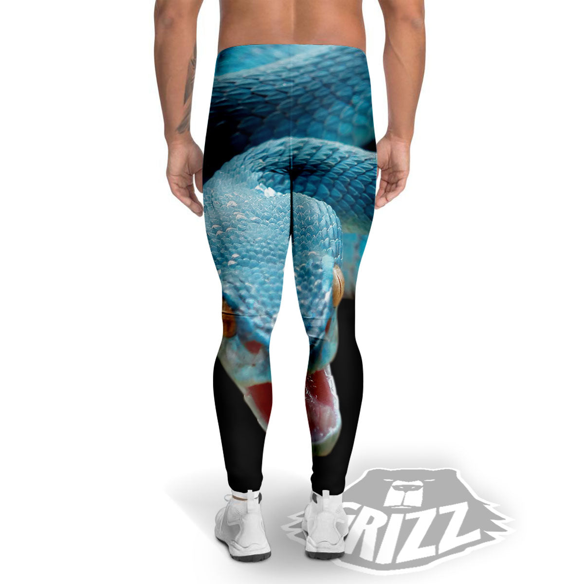Blue Scary Viper Snake Print Men's Leggings-grizzshop