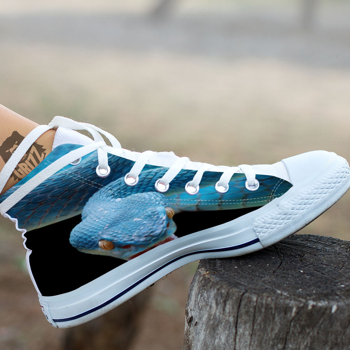 Blue Scary Viper Snake Print White High Top Shoes-grizzshop