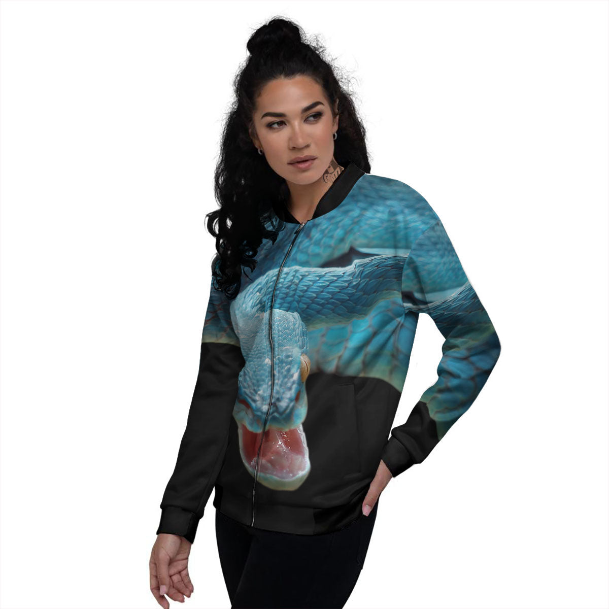 Blue Scary Viper Snake Print Women's Bomber Jacket-grizzshop
