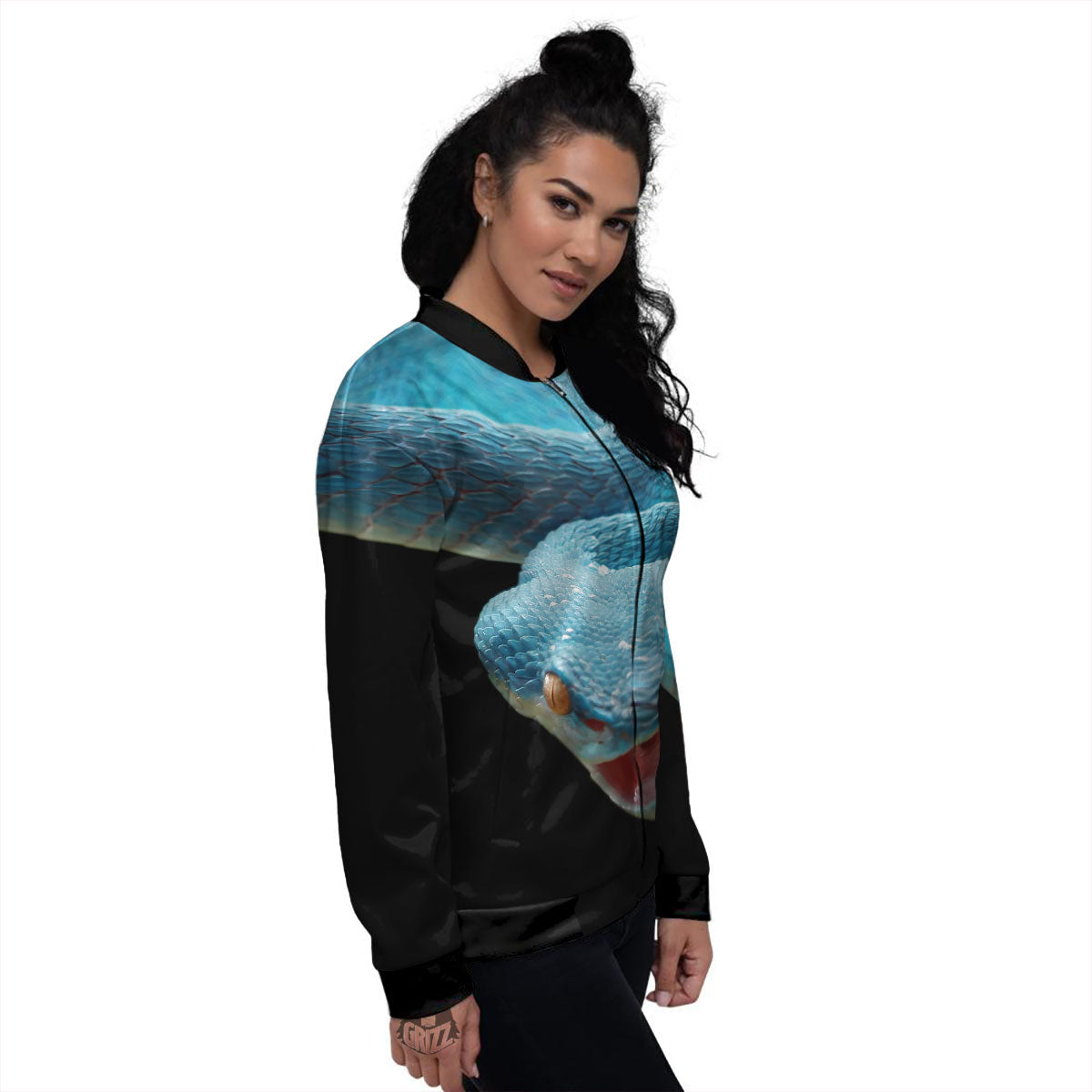 Blue Scary Viper Snake Print Women's Bomber Jacket-grizzshop
