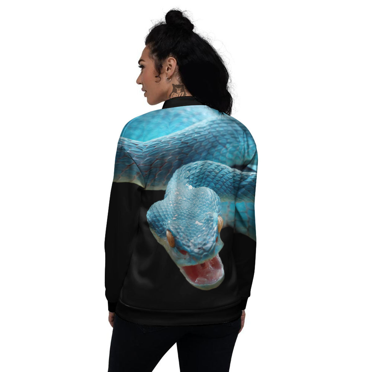 Blue Scary Viper Snake Print Women's Bomber Jacket-grizzshop