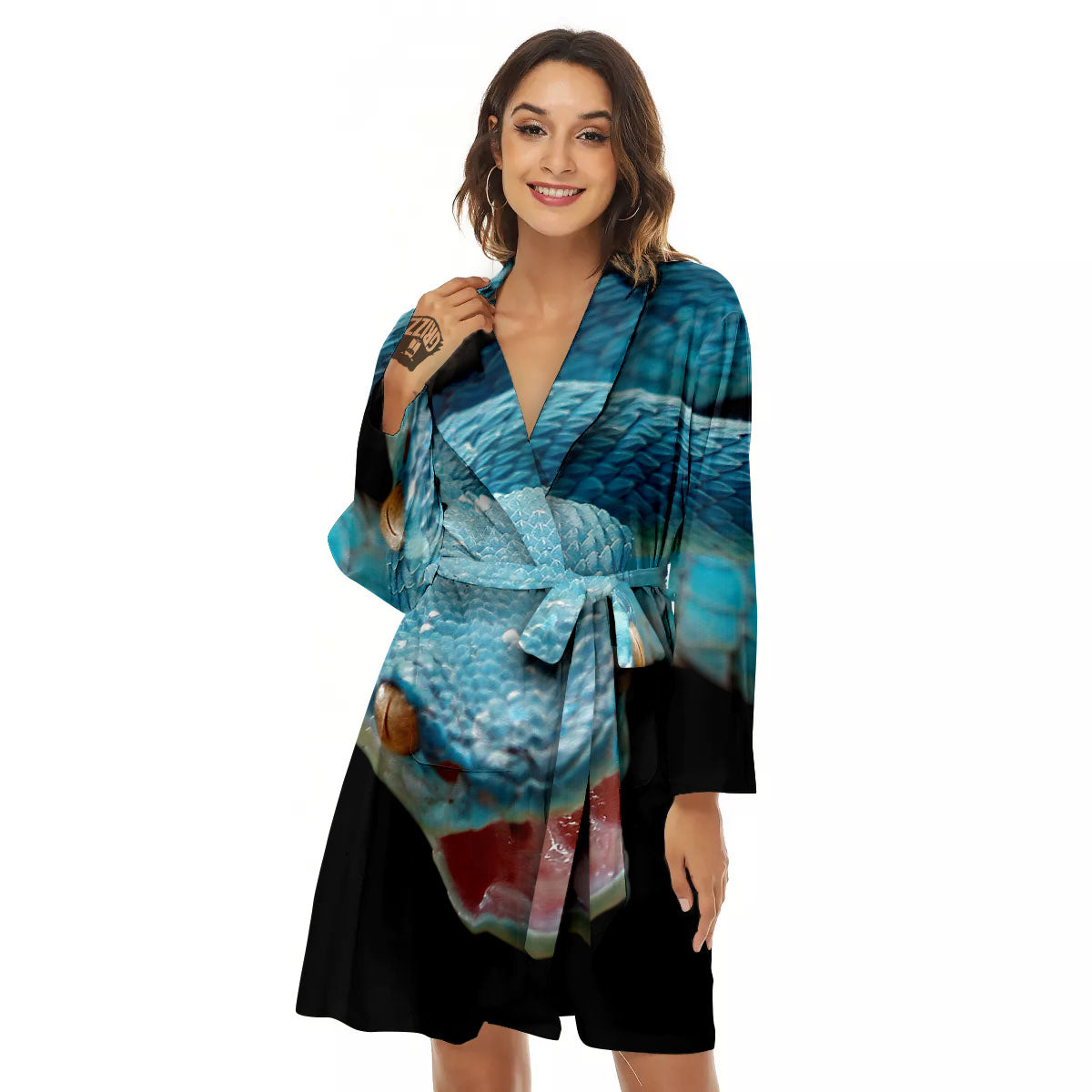 Blue Scary Viper Snake Print Women's Robe-grizzshop