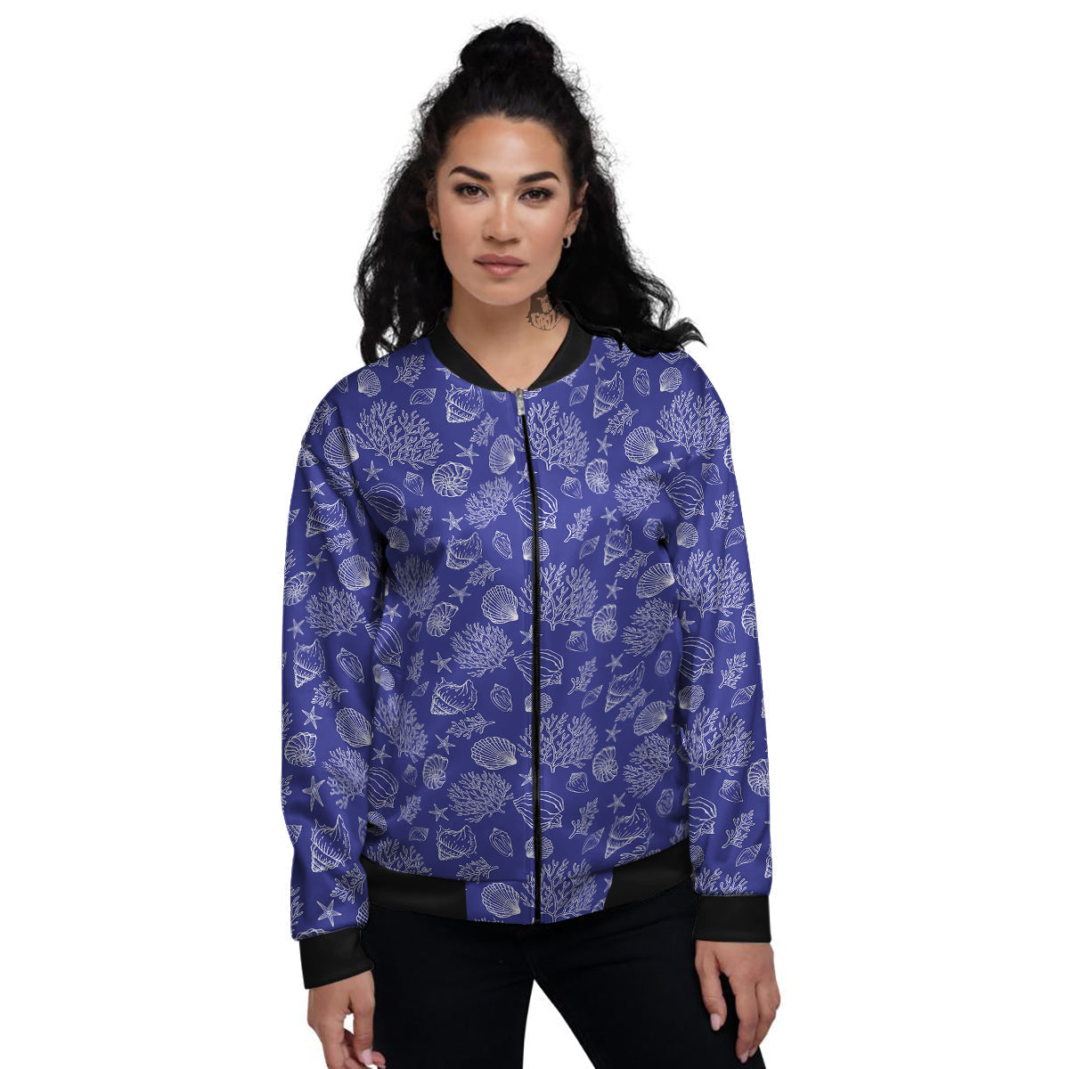 Blue Sea Corals Print Pattern Women's Bomber Jacket-grizzshop