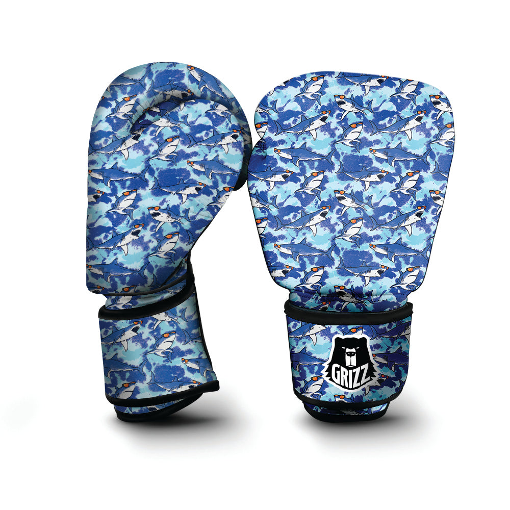 Blue Shark Print Pattern Boxing Gloves-grizzshop