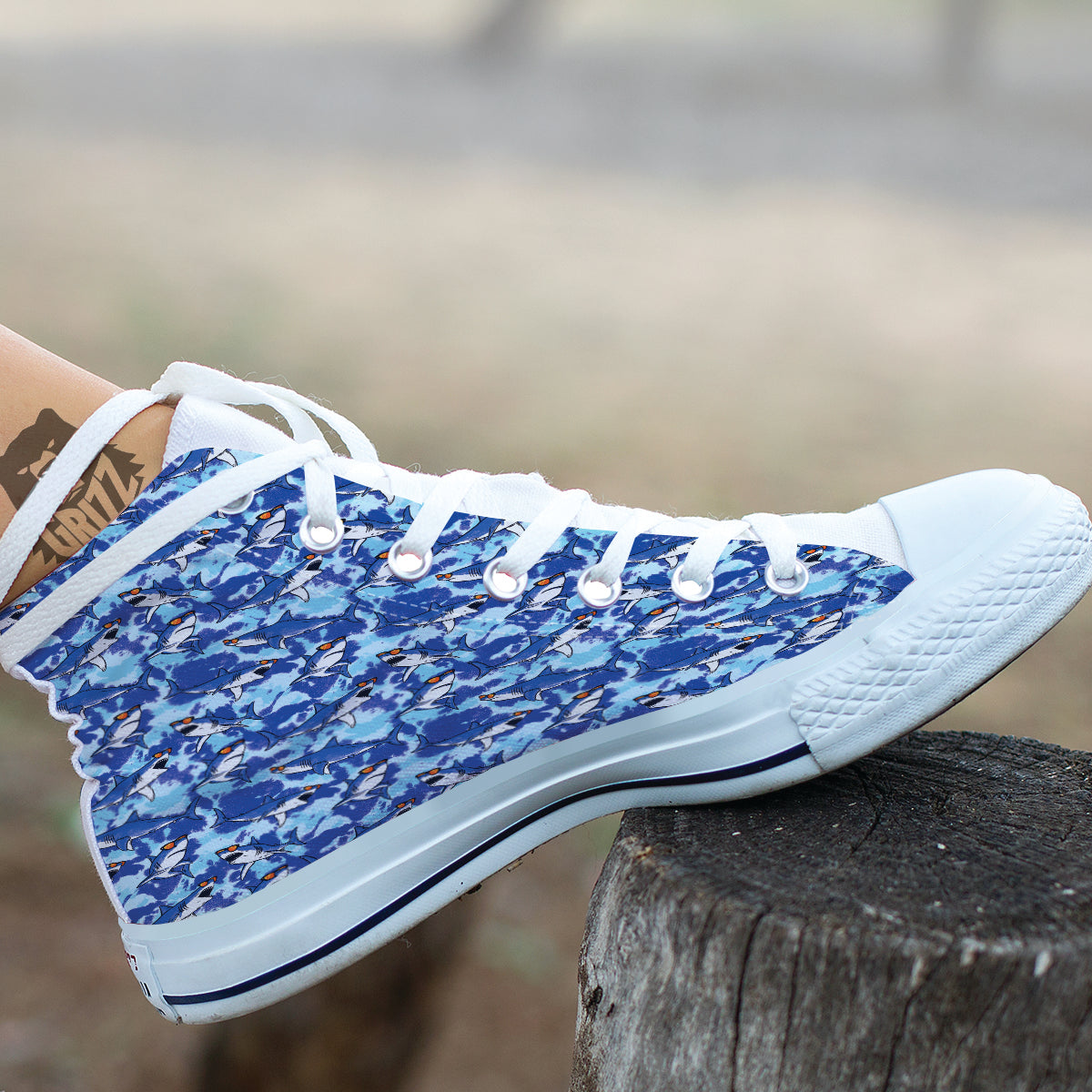Blue Shark Print Pattern White High Top Shoes-grizzshop