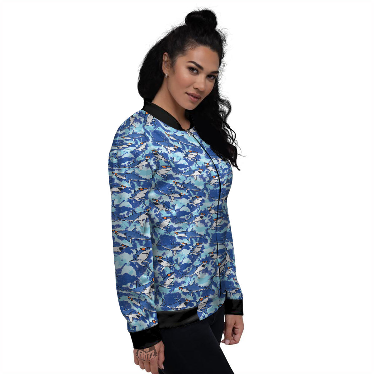 Blue Shark Print Pattern Women's Bomber Jacket-grizzshop