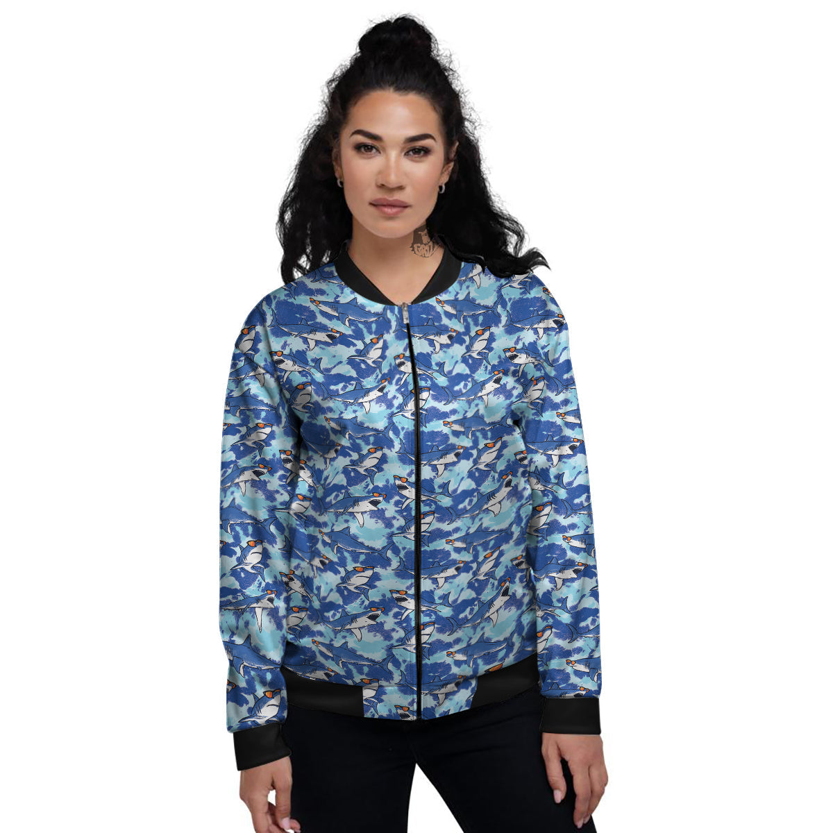 Blue Shark Print Pattern Women's Bomber Jacket-grizzshop