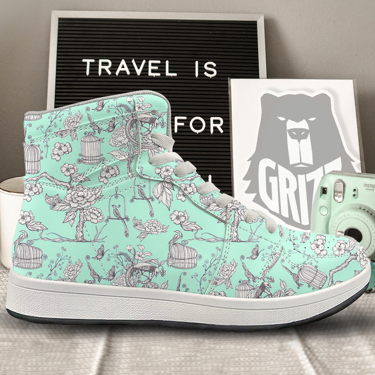 Blue Sky White Chinoiserie Print Pattern High Top Sneakers-grizzshop