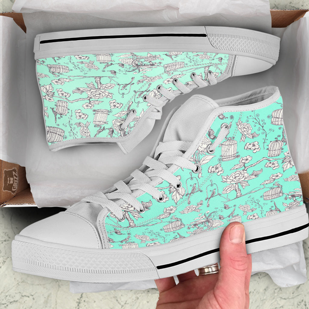 Blue Sky White Chinoiserie Print Pattern White High Top Shoes-grizzshop