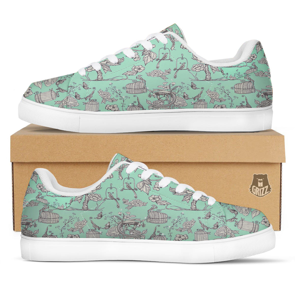 Blue Sky White Chinoiserie Print Pattern White Low Top Sneakers-grizzshop
