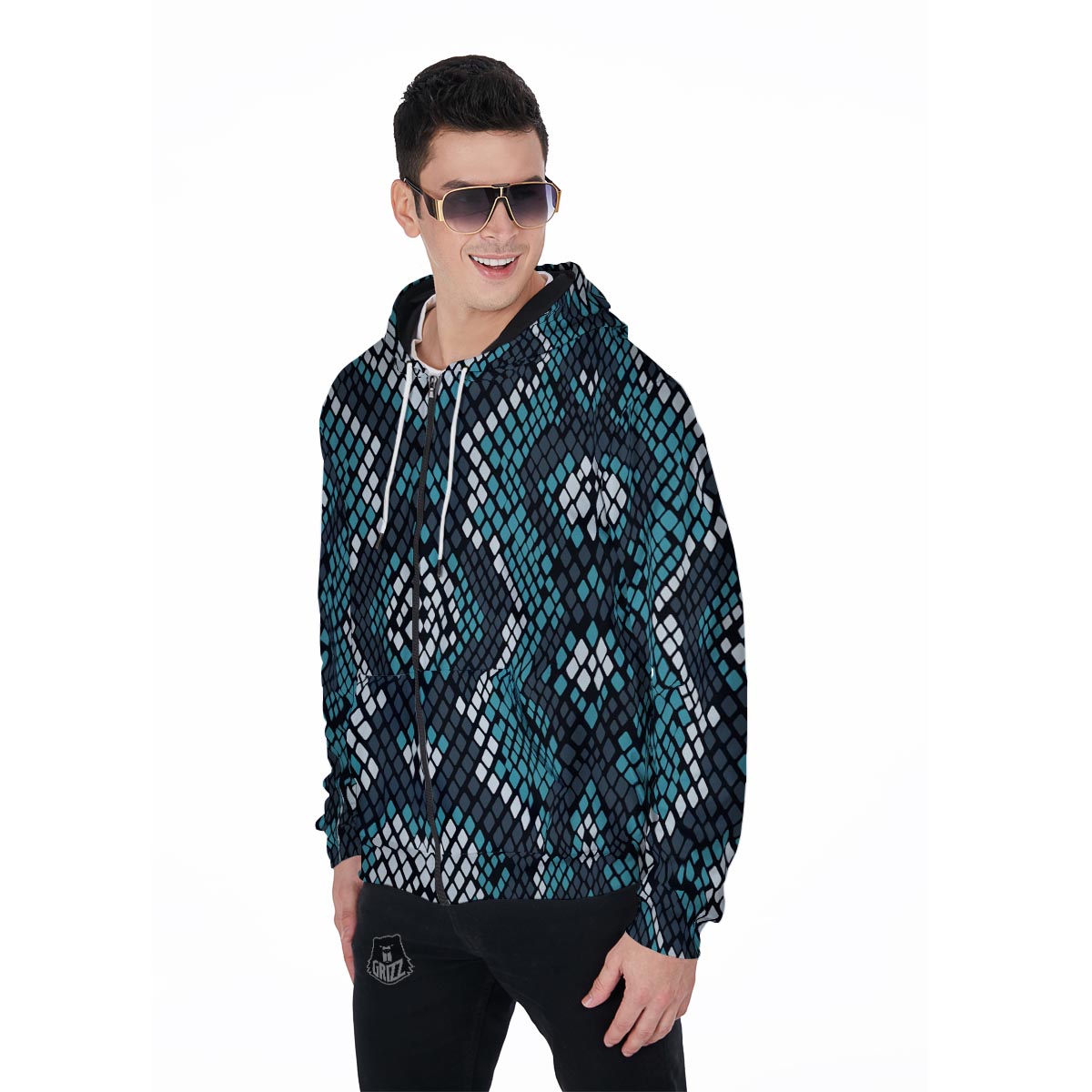 Blue Snakeskin Men's Zip Up Hoodie-grizzshop