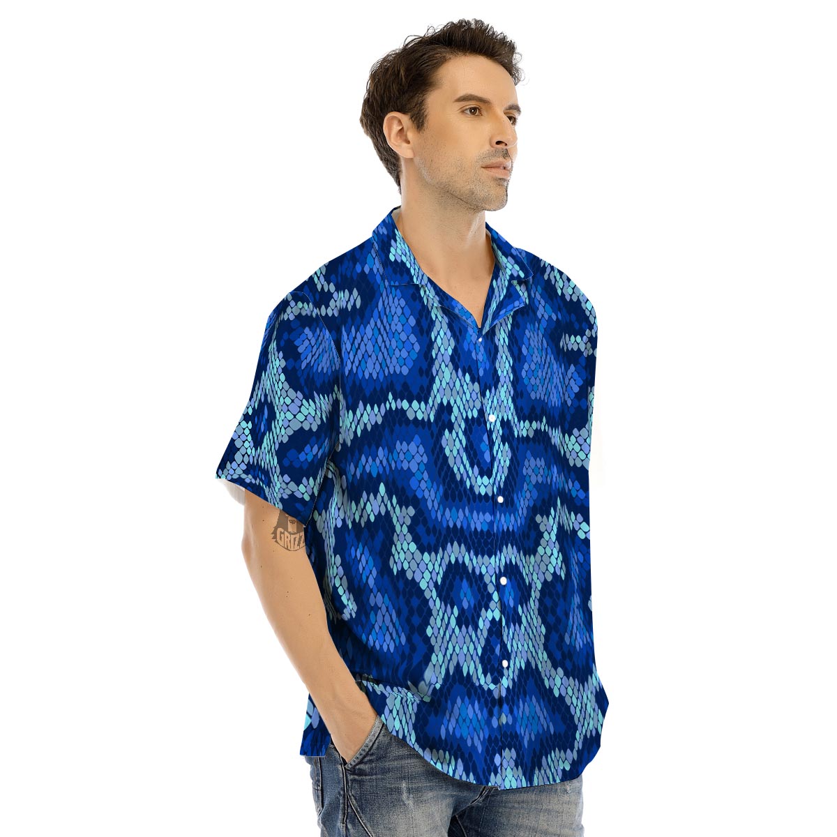 Blue Snakeskin Print Men’s Hawaiian Shirt-grizzshop
