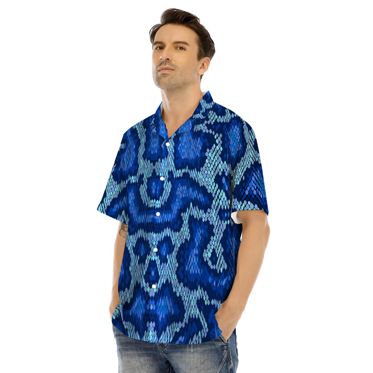 Blue Snakeskin Print Men’s Hawaiian Shirt-grizzshop