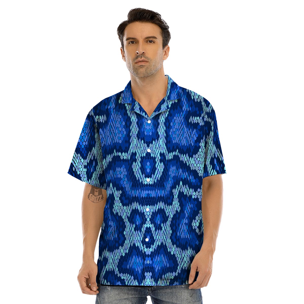 Blue Snakeskin Print Men’s Hawaiian Shirt-grizzshop