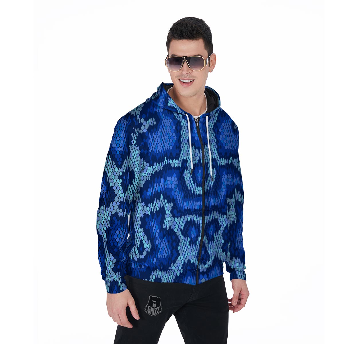 Blue Snakeskin Print Men's Zip Up Hoodie-grizzshop