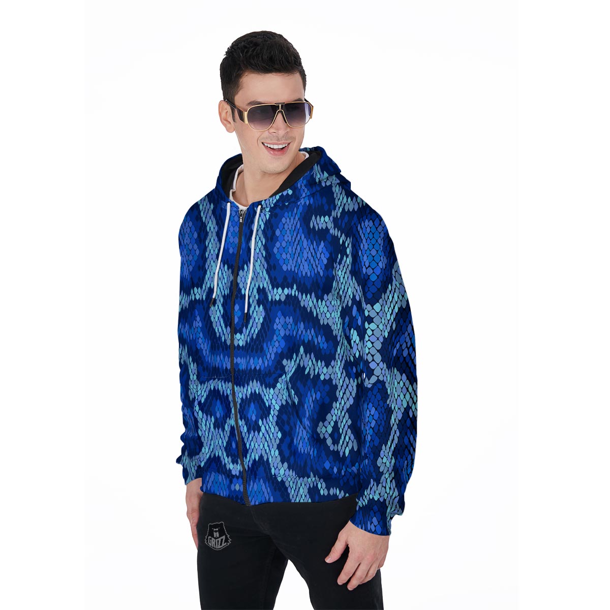 Blue Snakeskin Print Men's Zip Up Hoodie-grizzshop