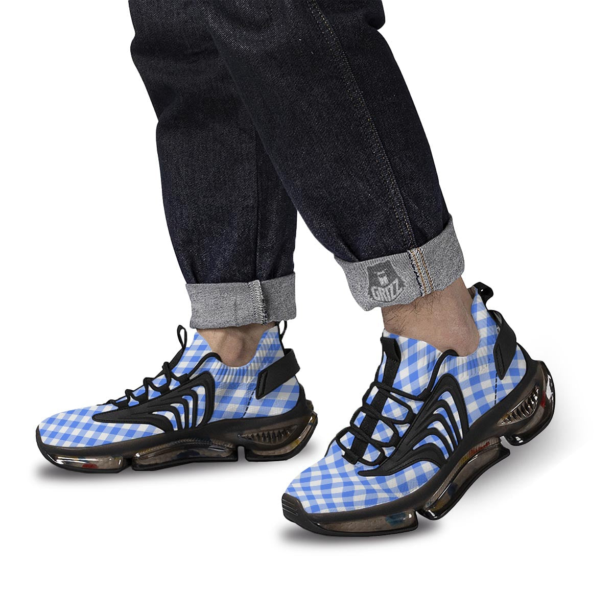 Blue Steel And White Gingham Print Pattern Black Gym Shoes-grizzshop