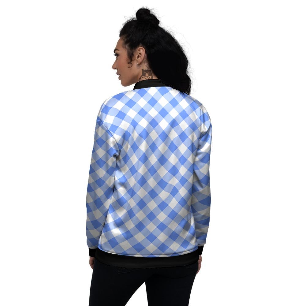 Blue Steel And White Gingham Print Pattern Women's Bomber Jacket-grizzshop
