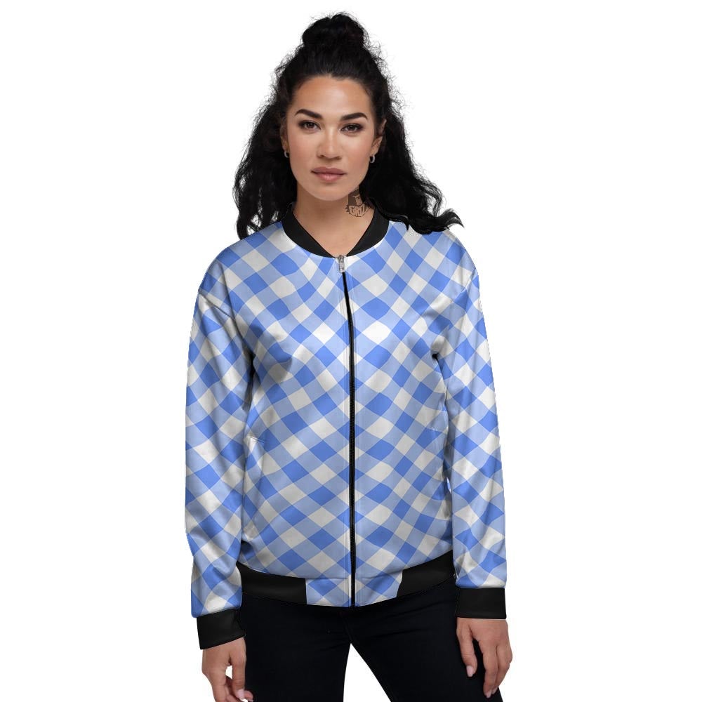 Blue Steel And White Gingham Print Pattern Women's Bomber Jacket-grizzshop