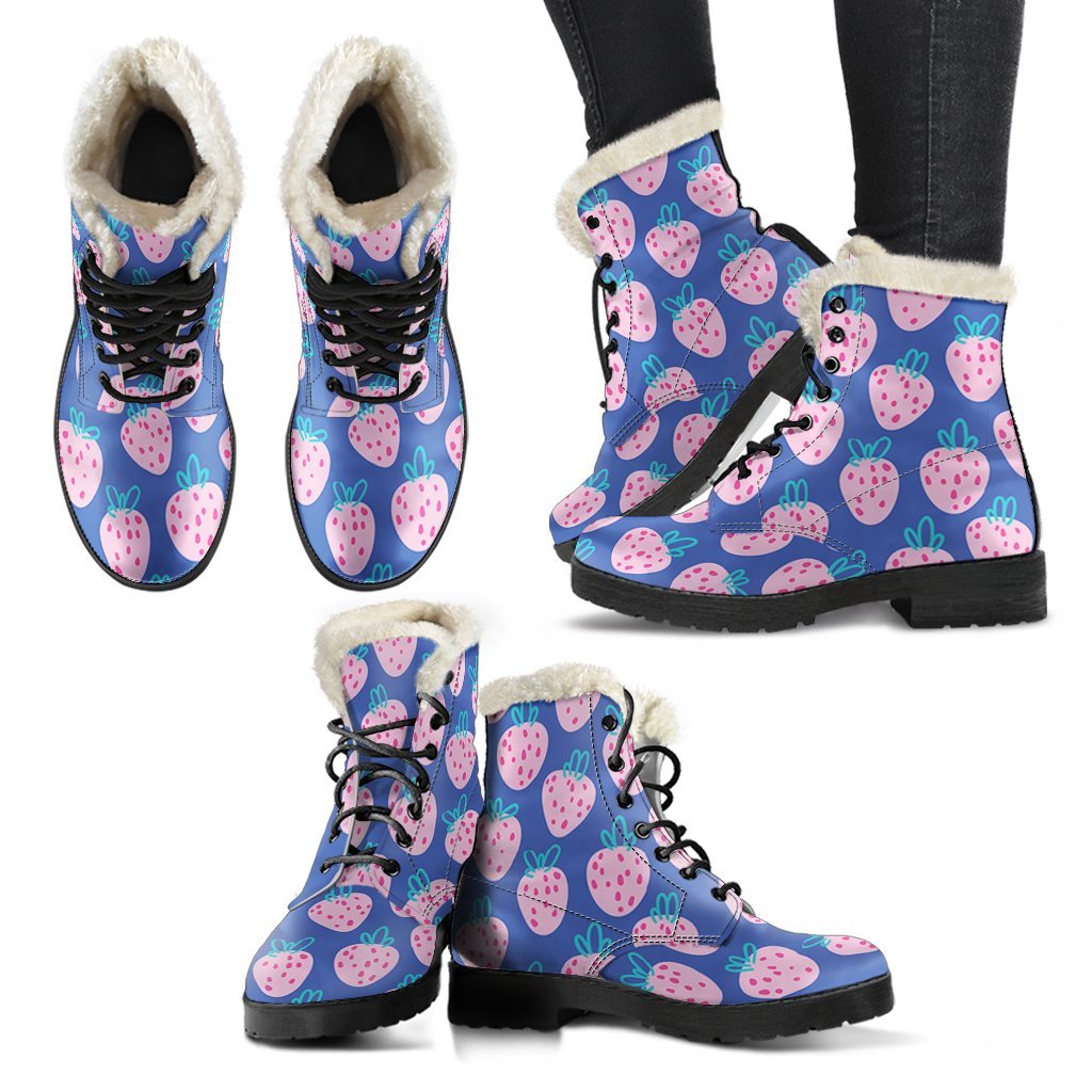 Blue Strawberry Pattern Print Comfy Winter Boots-grizzshop