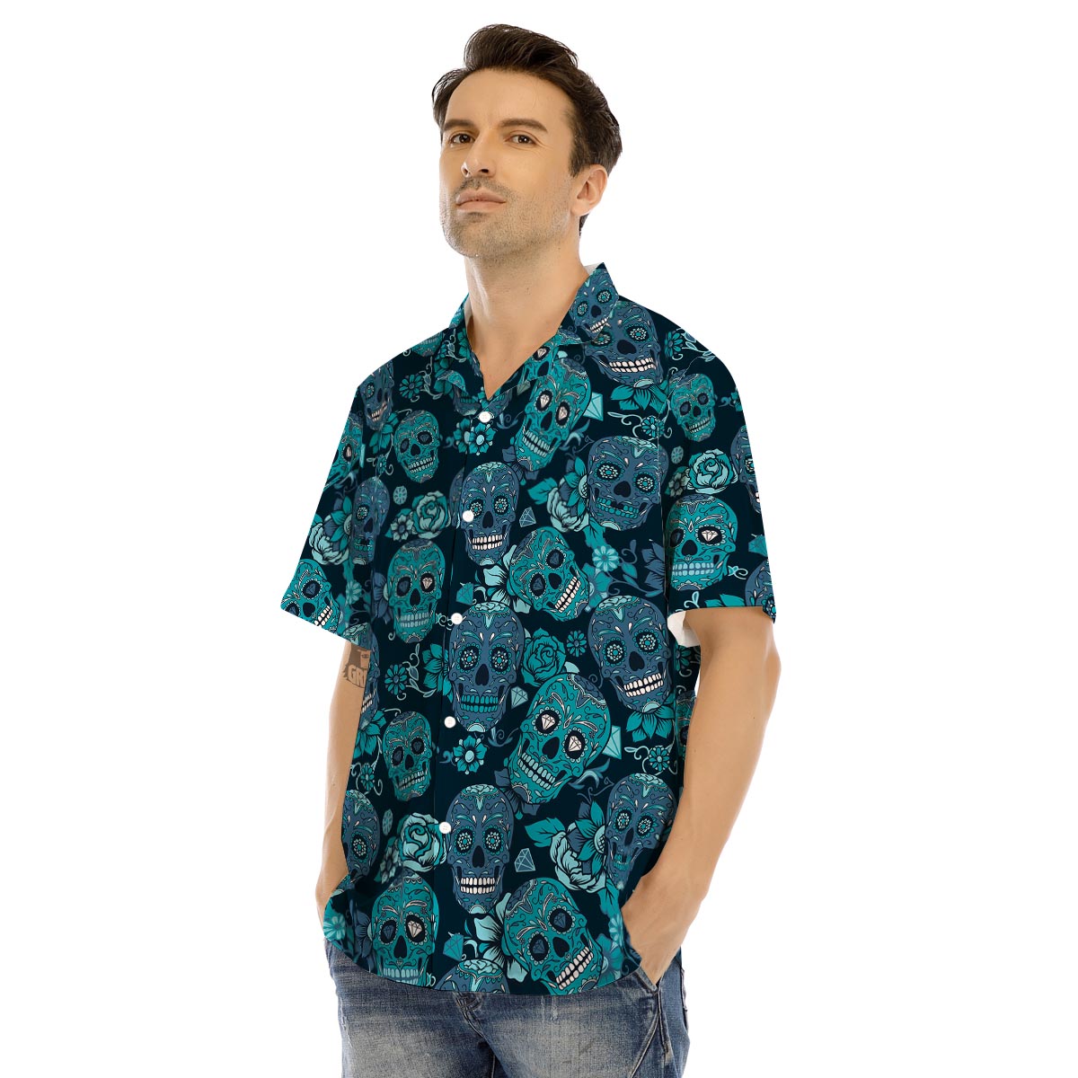 Blue Sugar Skull Men’s Hawaiian Shirt-grizzshop