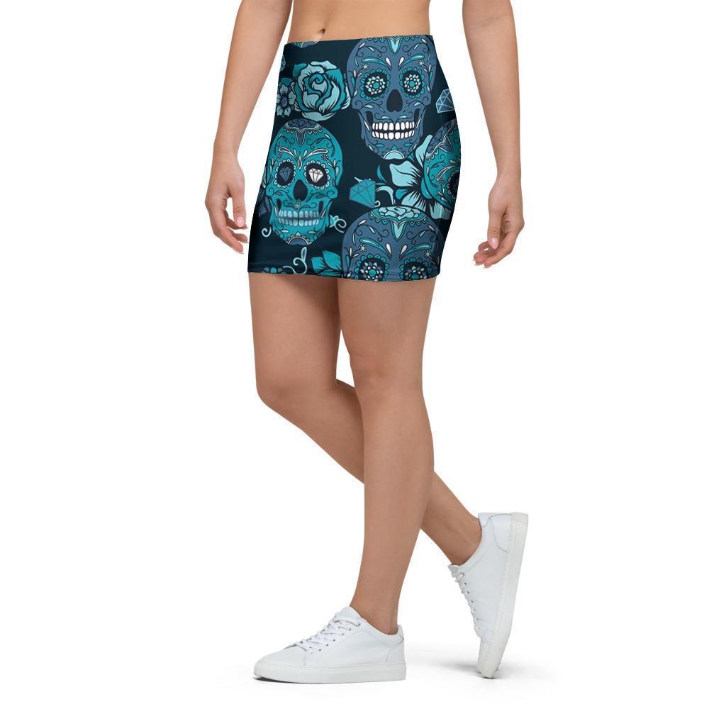 Blue Sugar Skull Mini Skirt-grizzshop