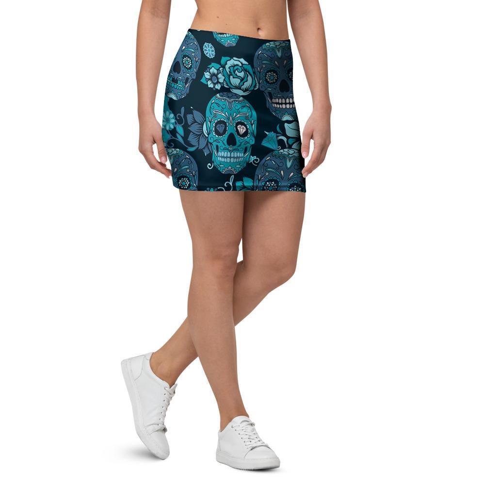 Blue Sugar Skull Mini Skirt-grizzshop