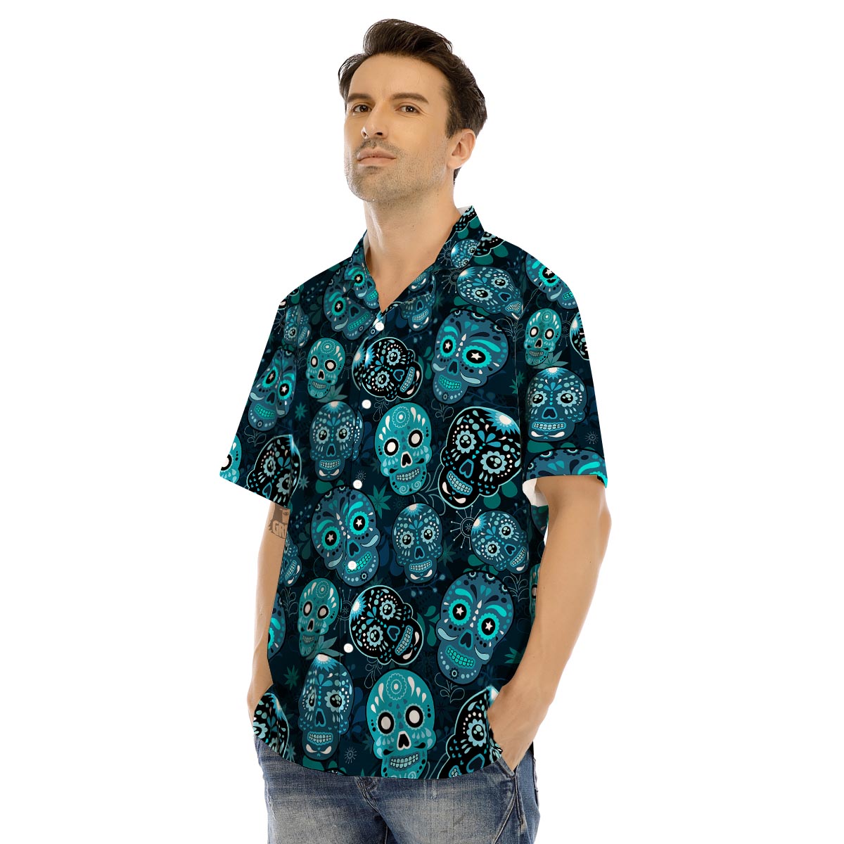 Blue Sugar Skull Print Men’s Hawaiian Shirt-grizzshop