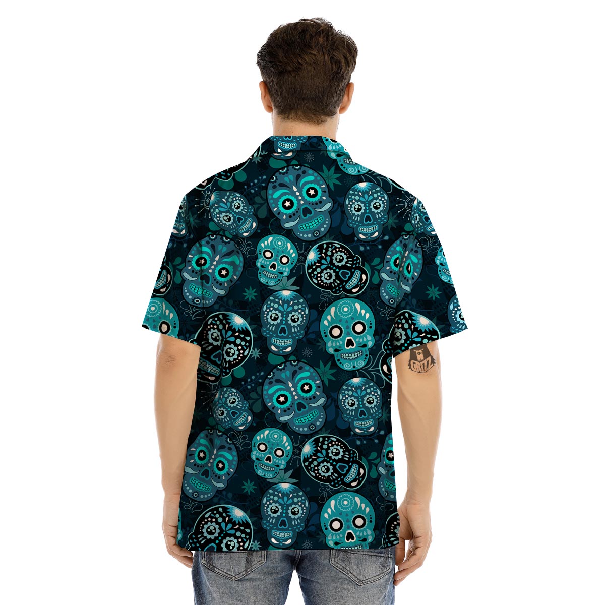 Blue Sugar Skull Print Men’s Hawaiian Shirt-grizzshop