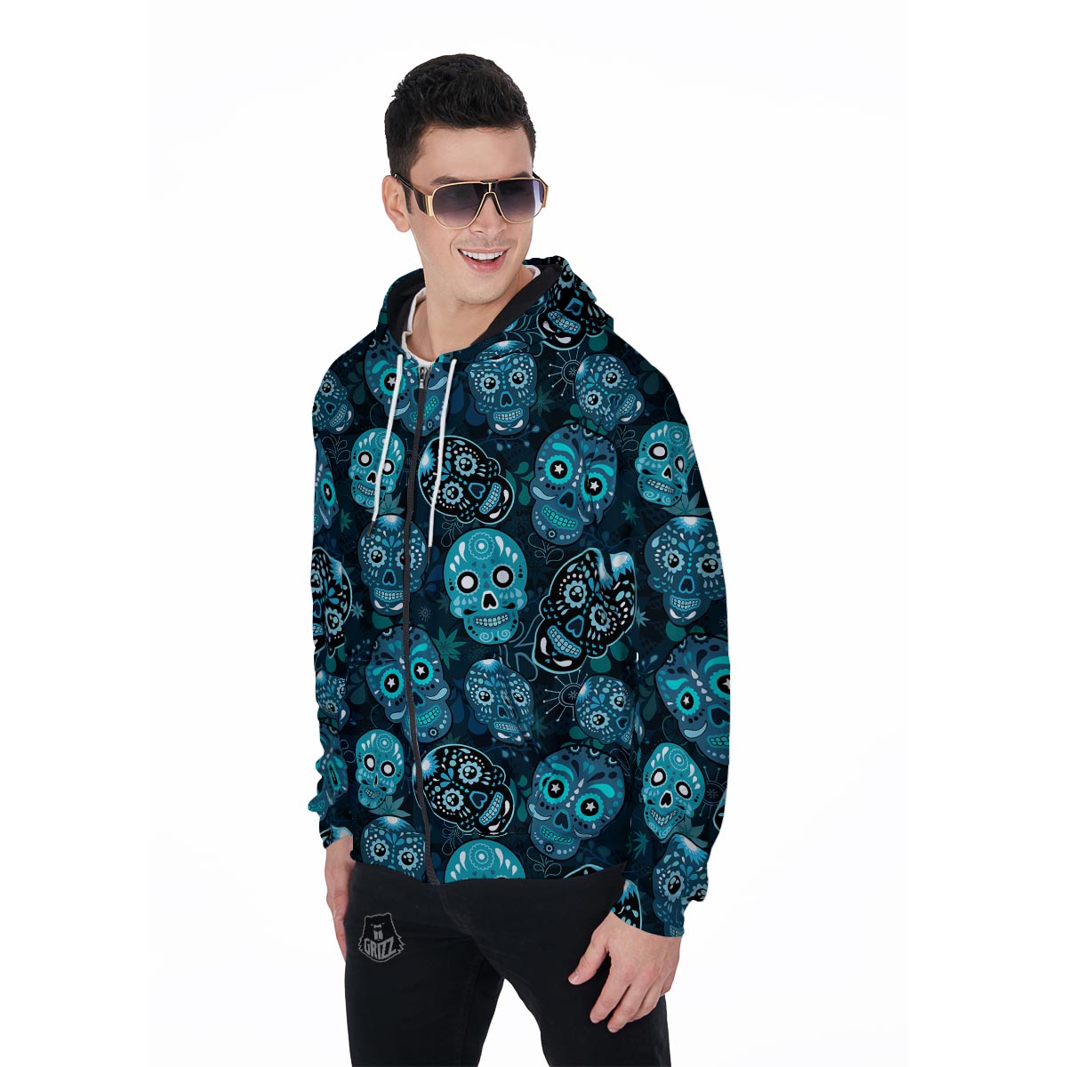 Blue Sugar Skull Print Men's Zip Up Hoodie-grizzshop