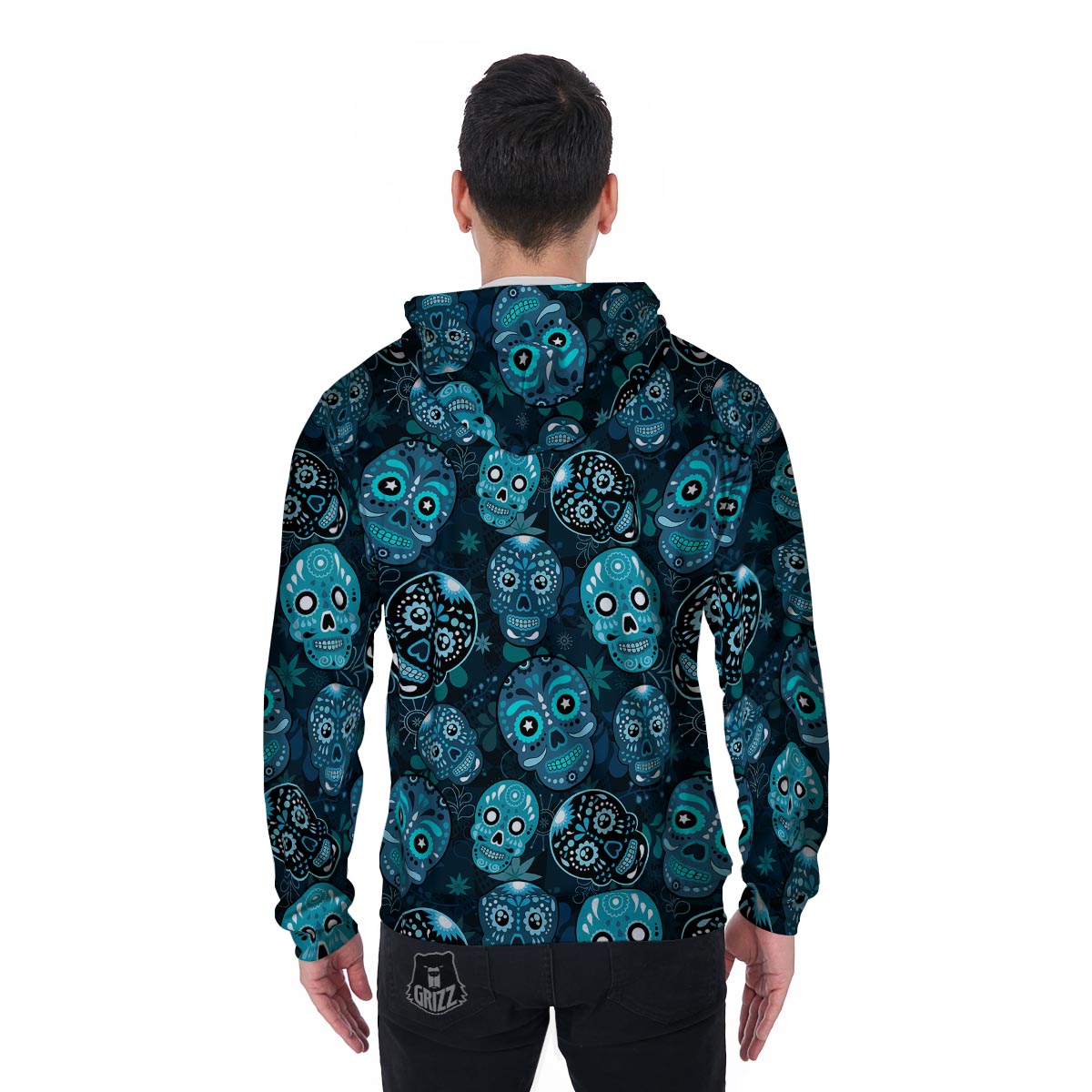Blue Sugar Skull Print Men's Zip Up Hoodie-grizzshop