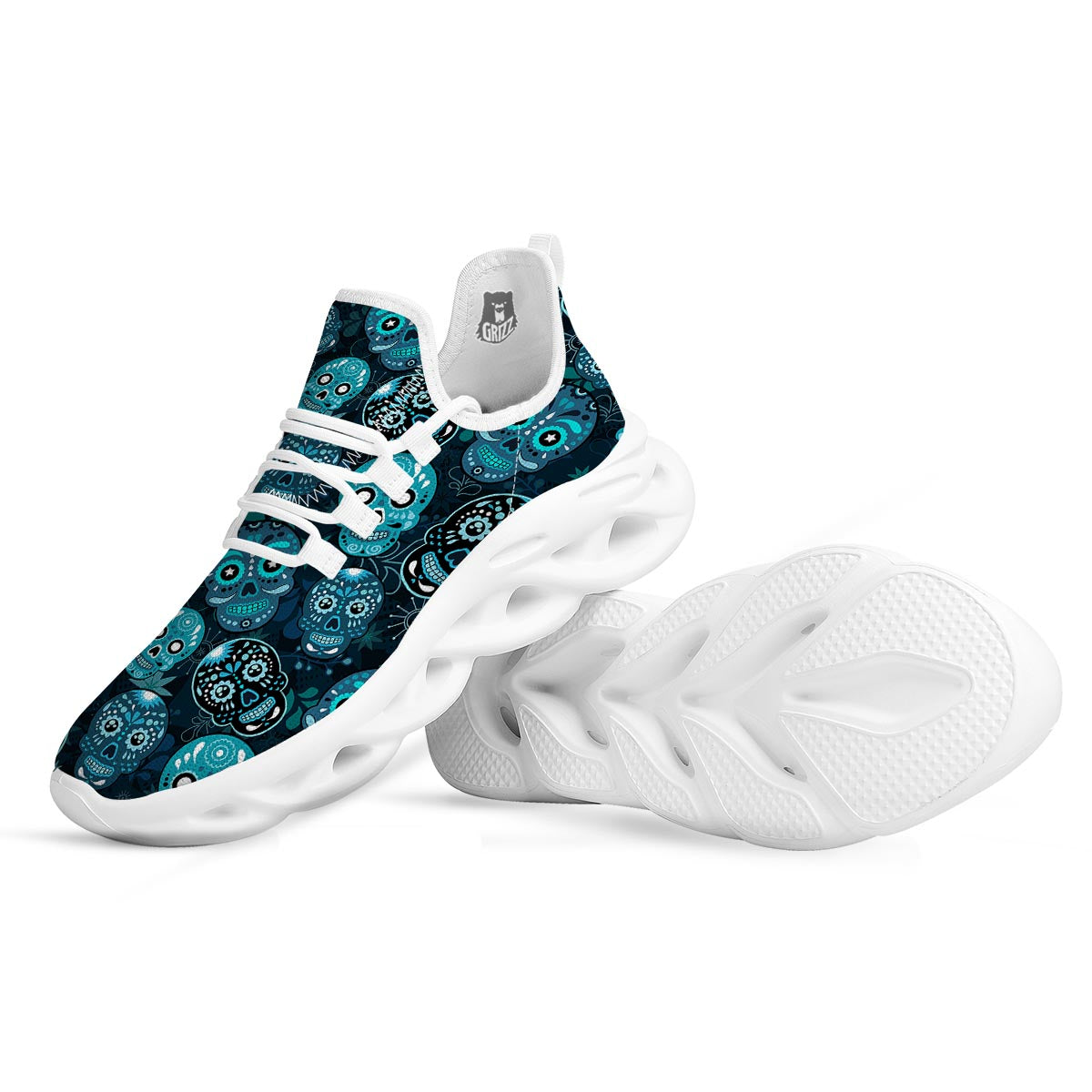 Blue Sugar Skull Print White Running Shoes-grizzshop