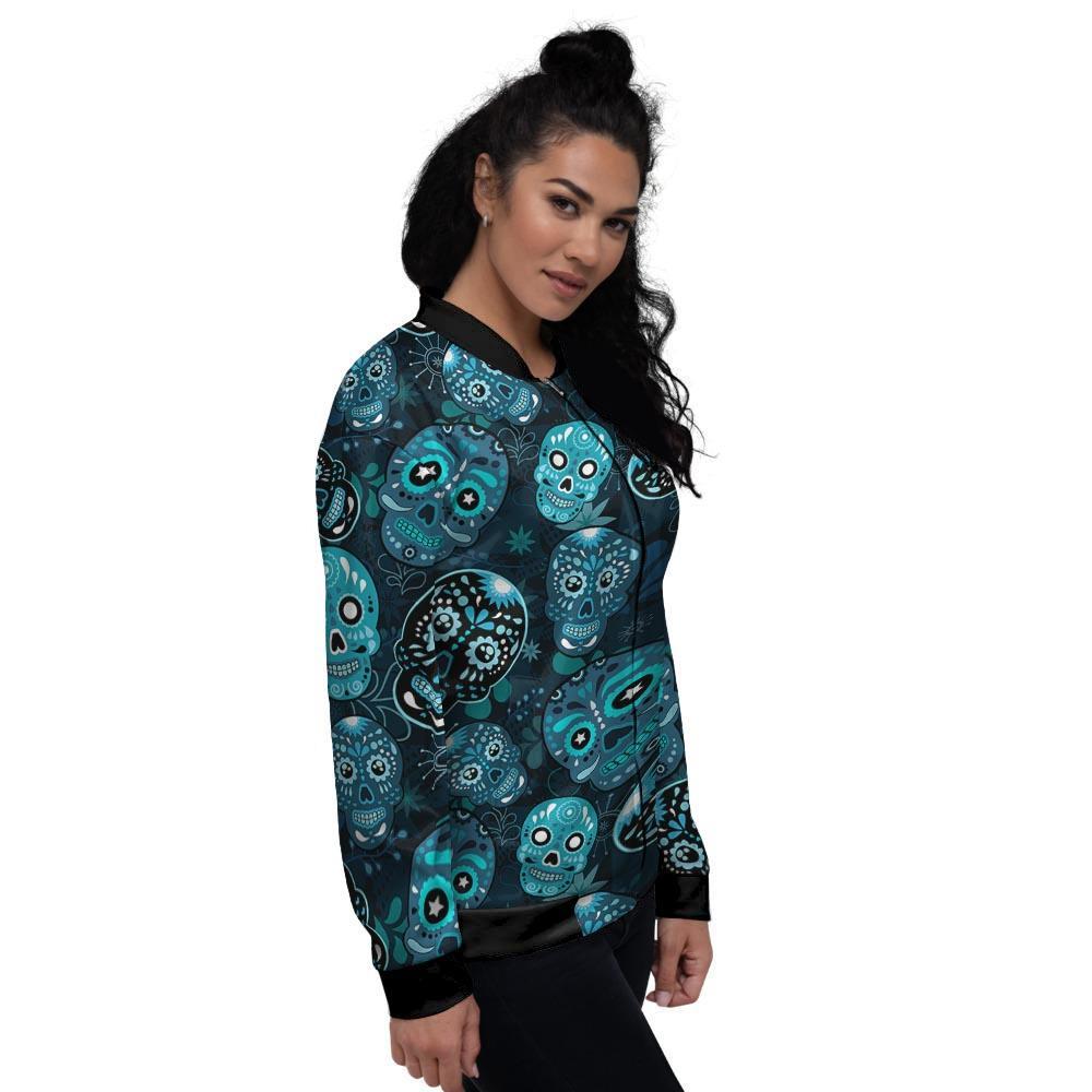 Blue Sugar Skull Print Women's Bomber Jacket-grizzshop