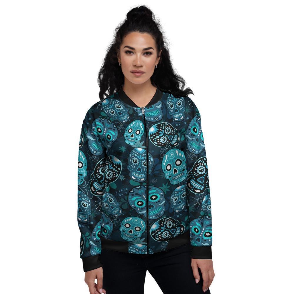 Blue Sugar Skull Print Women's Bomber Jacket-grizzshop