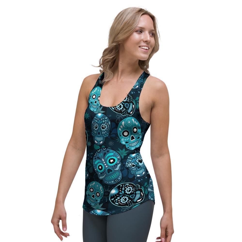 Blue Sugar Skull Print Women's Racerback Tank Top-grizzshop