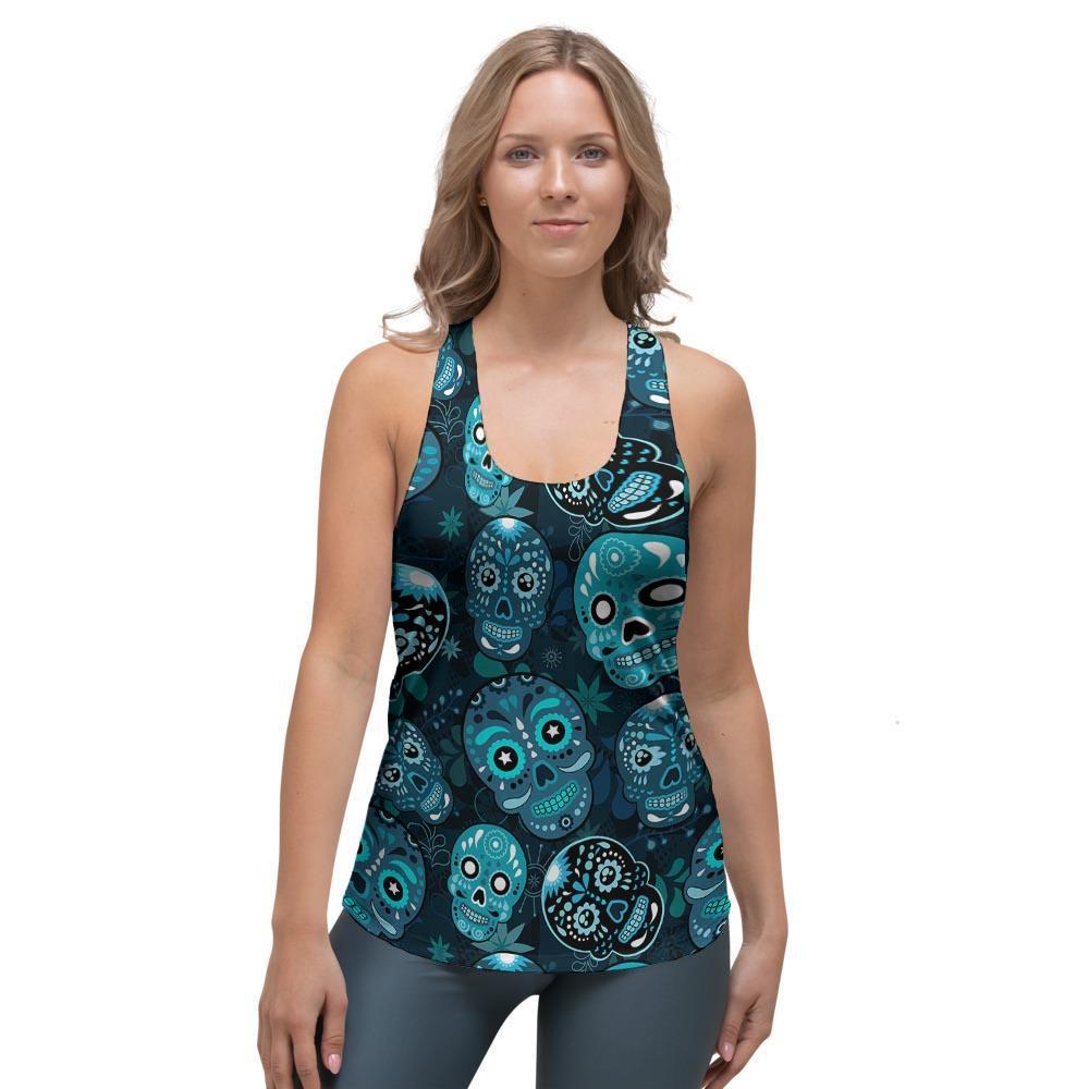 Blue Sugar Skull Print Women's Racerback Tank Top-grizzshop