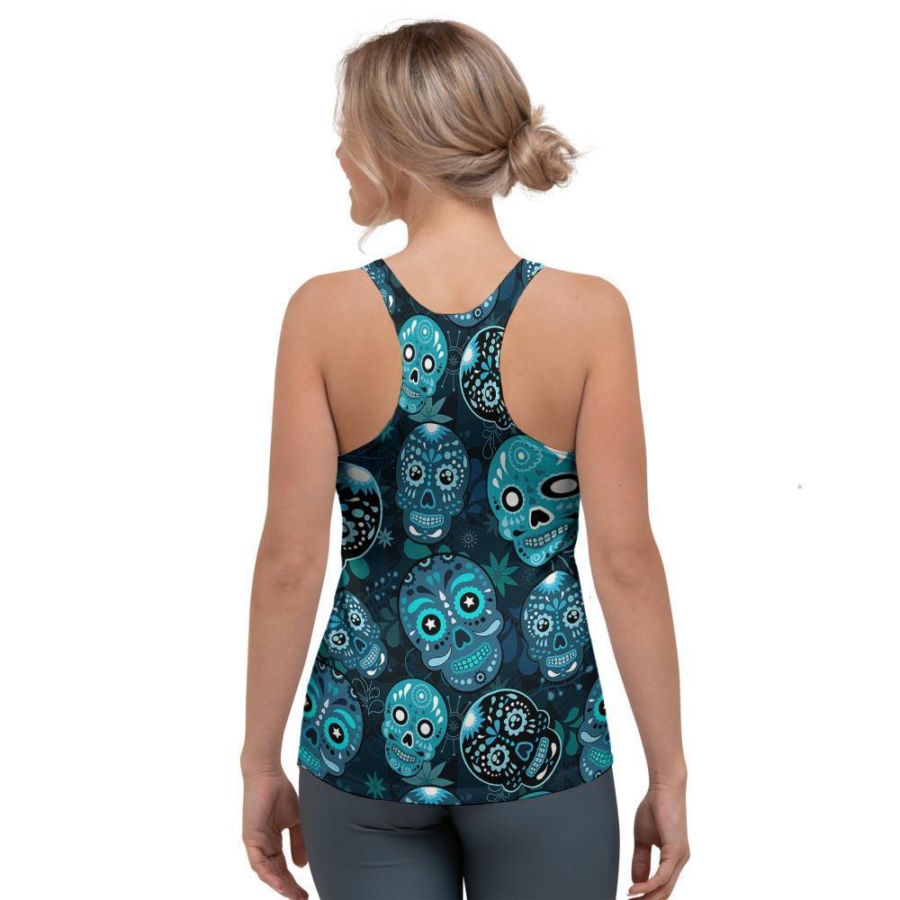Blue Sugar Skull Print Women's Racerback Tank Top-grizzshop